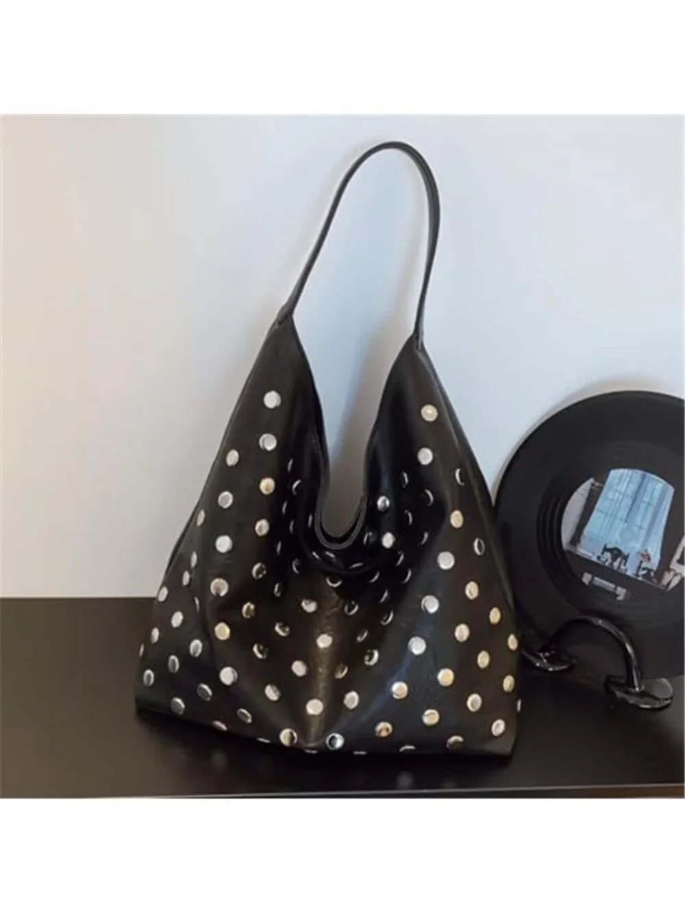 Black Studded Vegan Leather Hobo Bag Y2K Slouchy Punk Shoulder Purse